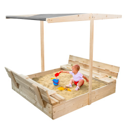 Aga Holzsandkasten, Sandbox mit Dach & seitlicher Sitzbank 120x120 cm Grau