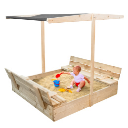 Aga Holzsandkasten, Sandbox mit Dach & seitlicher Sitzbank 120x120 cm Dunkelgrau