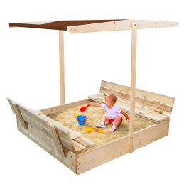 Aga Holzsandkasten, Sandbox mit Dach & seitlicher Sitzbank 120x120 cm Braun