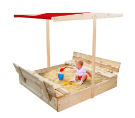 Aga Holzsandkasten, Sandbox mit Dach & seitlicher Sitzbank 120x120 cm Rot