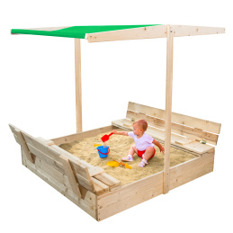 Aga Holzsandkasten, Sandbox mit Dach & seitlicher Sitzbank 120x120 cm Grün