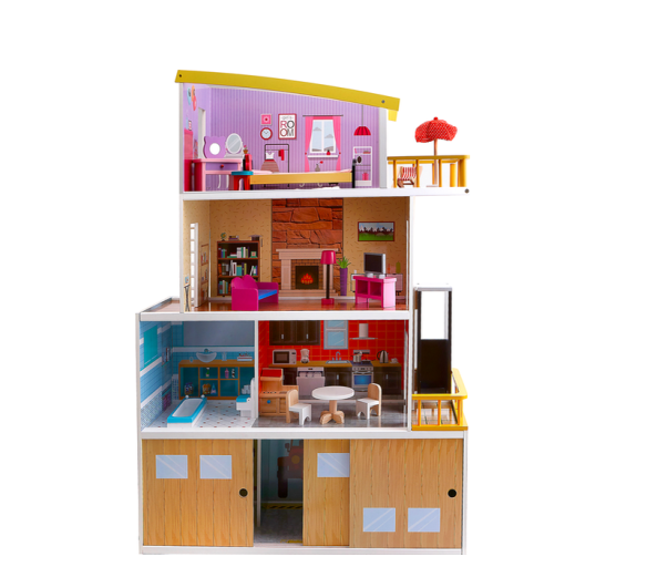 Aga4Kids Puppenhaus 3 Etagen HILARY Puppenstube aus Holz Spielhaus mit Aufzug 